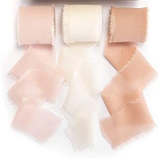Dloapesy 3 Rolls Handmade Fringe Chiffon Silk Ribbon Gauze 1.5" x 3Yd Ribbons Set for Wedding Invitations, Bridal Bouquets, Gifts Wrapping, DIY Crafts (White and Pink, Fringe Chiffon)