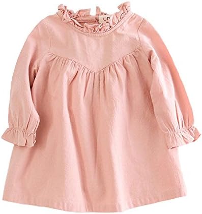 VIYOO Children's Cotton Linen Long Sleeve Girl Dresses Casual Fashion Fall Dresses for Toddler Girls Pink, 5-6 Y/Height:48.5-49.5