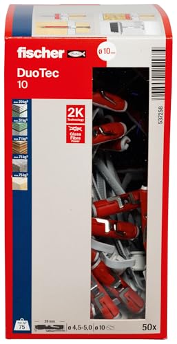 fischer DuoTec 10, Nylon-Kippdübel für hohe Lasten in allen Plattenbaustoffen, 2-Komponenten-Dübel, Hohlraumdübel zur Befestigung in Gipskarton-, Gipsfaser-, Holz- & Stahlplatten uvm., 50 Stück