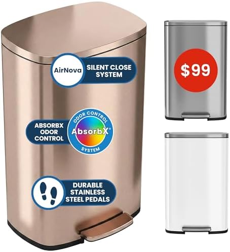 iTouchless SoftStep 13.2 Gallon Stainless Steel Step Trash Can with Odor Control System, 50 Liter Pedal Garbage Bin for Kitchen, Office, Home - Silent and Gentle Open and Close, Rose Gold