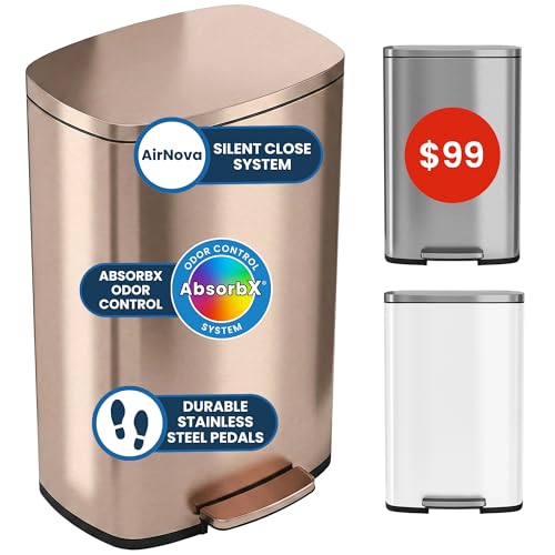 Image of iTouchless 13 Gallon Step Trash Can with Odor Filter, 50L Stainless Steel Kitchen Garbage Bin, AirNova Silent Soft-Close Lid, Fingerprint-Proof Finish, Unique Designer Decor - Rose Gold Finish