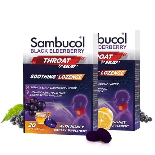 Sambucol Black Elderberry Throat Lozenge - Sore Throat Drops with Honey, Vitamin C & Zinc, Sore Throat Relief for Adults & Kids, Soothes Cough, Soft & Chewy - 40 Count, Pack of 2