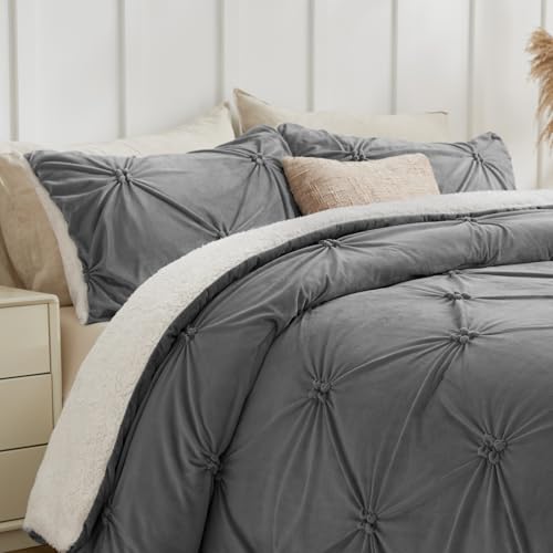 Image of BEDELITE Fluffy Sherpa Queen Comforter Set,Pintuck-Grey | Super Soft & Warm Fleece Bedding, Luxury Fuzzy Comforter for Winter, Heavy Plush Bedding Set,2 Pillowcases