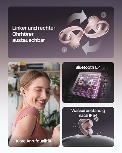 SHOKZ OpenDots ONE Open Ear Kopfhörer, Dolby Audio 6,5g Clip On Kopfhörer weiches Silikon, 40 Std. Akku Kabelloses Laden, IP54 Wasserfest Bluetooth 5.4, 4 KI-Mikrofone, inkl. Reinigungstuch, Rosa