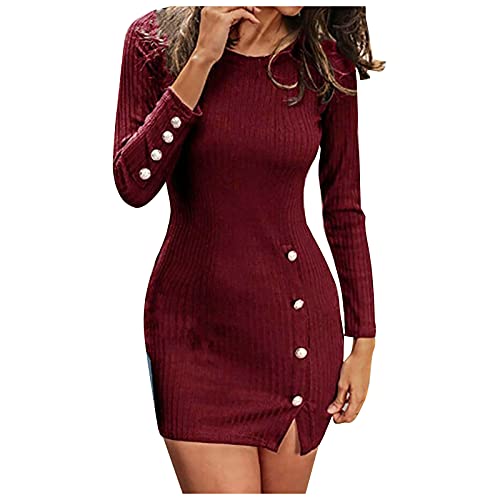 Vasreyy Damen Strickkleid Elegant Winter Langarm Rundhals Pulloverkleid mit Knöpfen Slim Pullikleid Einfarbig Warm Minikleid Stretch Winterkleider Sweater Tunikakleid Sexy Partykleid Festkleider Cover