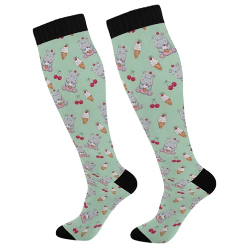 ALAZA Ice Cream Cherry Hippo Compression Socks for Women Men Circulation Long Socks Running Athletic Cycling