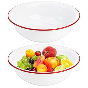 Elsjoy Set of 2 Enamel Bowl, 3 Quart Large Enamel Mixing Bowl White Enamelware with Red Rim, 11 Inch Vintage Enamel Soup Basin for Fruit, Salad, Pasta, Dinner Elsjoy Set of 2 Enamel Bowl 3 Quart Large Enamel Mixing Bowl White Enamelware with Red Rim 11 Inch Vintage Enamel Soup Basin for Fruit Salad Pasta Dinner