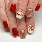 24Pcs Maple Leaf Press on Nails Short Square Fake Nails with Glitter Maple Leaves Nuts Designs Glue on Nails Autumn Rose Gold Glitter Full Cover Artificial Nails for Women Autumn Nail Art Decoration