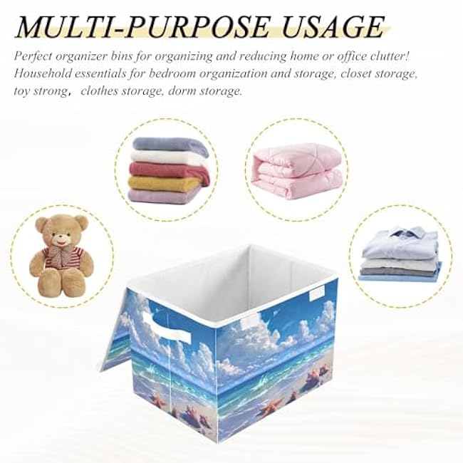 Kigai Beach Shells Foldable Storage Bin Cube Organizer Basket with Flip-Top Lid, Clothes Blanket Box for Home, Office, Closet