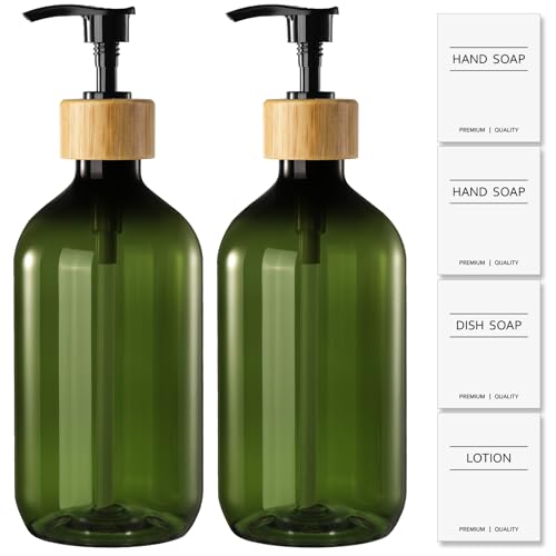 Image of KASUNTING Green Soap Dispenser, Plastic Bathroom Soap and Lotion Dispenser Set with Bamboo Pump, 2 Pack 17 Fl Oz Hand and Dish Soap Dispensers Set for Bathroom, Refillable Liquid Soap Bottles