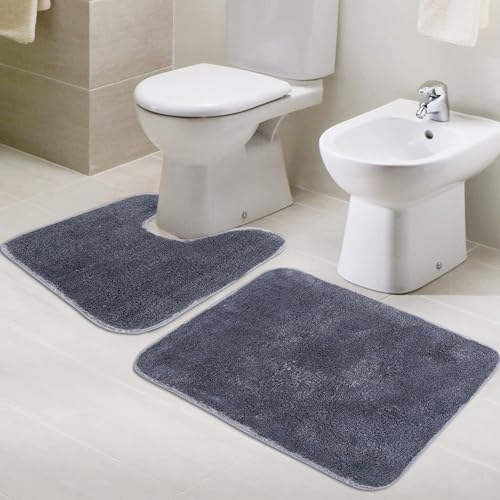 Image of Pano Microfiber Anti-Slip Bathmat Set with Contour Mat Grey | Pack of 2 (50x75 cm & 50x50 cm) | Soft, Super Absorbent & Non-Slip Mats for Shower, Bathroom, Kitchen & Home