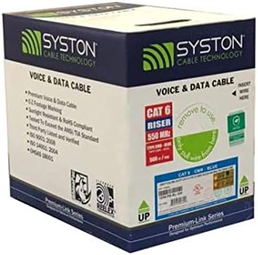 Syston Cable Technology Cat6(e) Ethernet Cable 23AWG 4 pr Solid Bare Copper Bulk Raw 600MHz 500 ft Outdoor/Indoor Heat Resistant Riser Rated CMR Blue No Ends 1 Ft to 1000 Ft Available