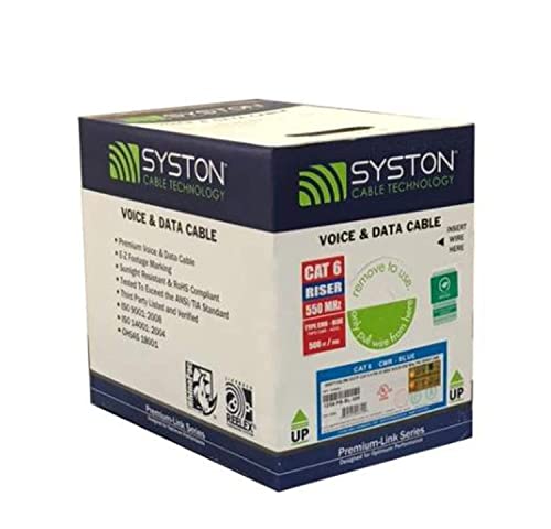 Syston Cable Technology Cat6(E) Ethernet Cable 23Awg 4 Pr Solid Bare Copper Bulk Raw 600Mhz 500 Ft Outdoor/Indoor Heat Resistant Riser Rated Cmr Blue No Ends 1 Ft To 1000 Ft Available #TOP6
