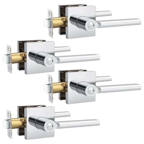 Probrico 4 Packs Polished Chrome Door Handles Interior Door knob Privacy Lever Square Keyless Lock for Bedroom or Bathroom Right & Left Side Door Lock