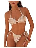 SHENHE Women's String Bikini Set Shiny Pearl Seashell Top Side Tie Halter Swimsuits 2 Piece White Medium