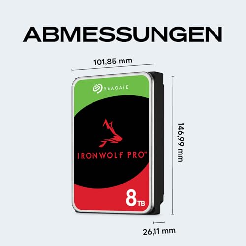 Seagate IronWolf Pro 8TB, NAS Interne Festplatte HDD, 3.5 Zoll, 7200 U/Min, CMR, 256 MB Cache, SATA 6 GB/S, inkl. Data Rescue Service (ST8000NTZ01)