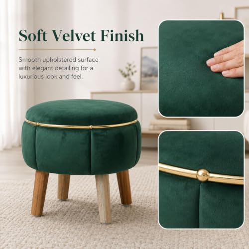 Image of Velvet Upholstered Round Ottoman Footstool | Anti-Slip Feet | Multipurpose Footrest, Step Stool & Vanity Seating & Decor | 40 x 30 cm (16 x 12 Inch) | Green