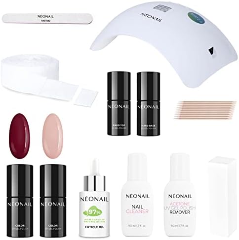 NEONAIL zestaw startowy z lampą LED, 2 x lakier do paznokci burgundowy, beżowy Base Top Cleaner