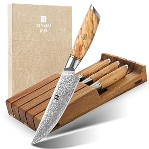 XINZUO Damaststahl Steakmesser Set 5er -73 Schichten Damastpulverstahl Steakbesteck mit Akazienholz Messerhalter Schublade -Gerade Klinge Schärfe und Haltbarkeit -Olivenholz Griff -mit Geschenkbox