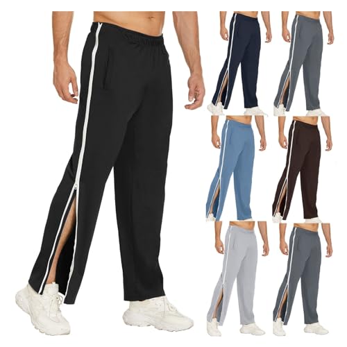 NIULI Reissverschluss Jogginghose Herren Mit Taschen M-3XL, Reha Hose Damen Herren Seitlich Zu Öffnen Baggy Trainingshose Mit Seitlichem Am Bein Weites Bein Schnellfickerhose(Noir,XL)