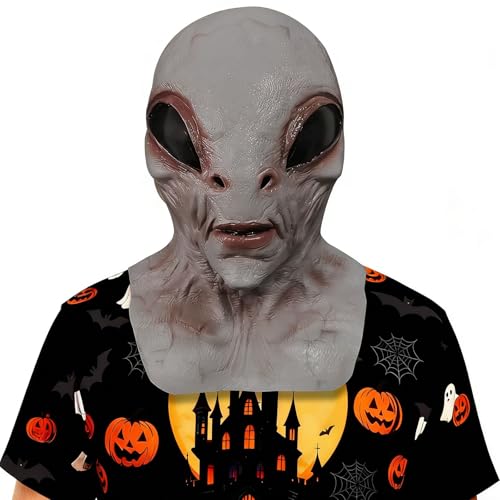 Morburine Alien Mask Realistic Latex Full Head UFO Mask Scary Halloween Cosplay Costume Mask Horror Party Dress Up Props - Light Grey