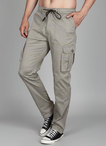 Image of Vogaan Men's Cotton Cargo Pants | Casual Trousers for Men | Comfortable Lower for Men | Breathable Pants with 6 Pockets & Drawstring Elastic Waistband