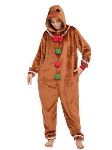 Laahoem Christmas Pajamas Unisex Adult Cookie Man Hooded Jumpsuit Men Women Halloween Costume Cosplay Sleepwear M Brown