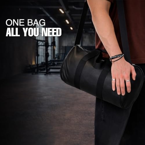 Image of Strutt Waterproof Genuine Leatherette Gym Bag Duffel Bag for Men and Women, Heavy Duty Medium (Black)