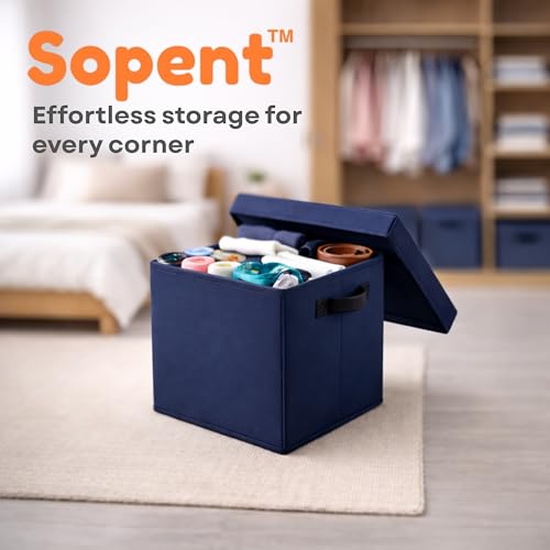 Image of Sopent Fabric Storage Box and Organiser with Lid (Plain Blue, 10.6 inch Inch)