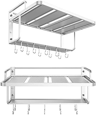 AcornFort K-101 2 Layers Silver Aluminum Alloy Microwave Bracket Oven Rack Stand Kitchen Shelf Holder Walll Mounted Hanging With 10 Hooks