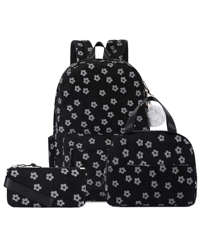 Image of Makukke Corduroy School Backpack for Girls, 3pcs Set with Insulated Lunch Bag & Pencil Case, Aesthetic Kawaii Rucksack for Secondary School College, 14-inch Laptop Bookbag for Teens