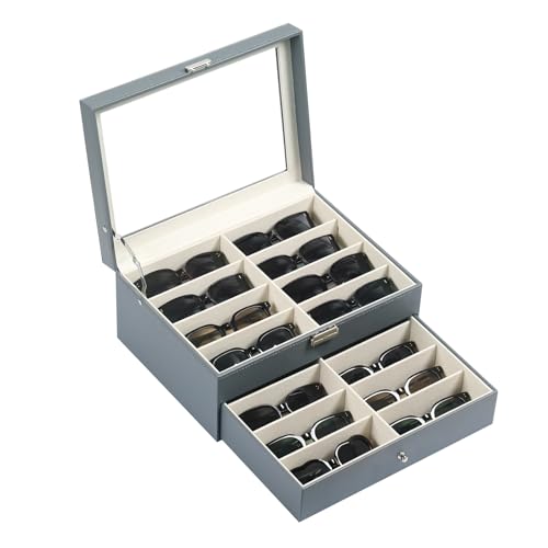 AUTOARK Organizador de cuero para 16 piezas para gafas y gafas de sol, organizador con cerradura, azul claro, MKAW232