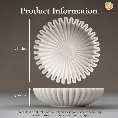 Image of SWADESHI BLESSINGS Handcrafted Marble Ruffle Urli Bowl for Home Decor | Traditional Decorative Bowl for Floating Flowers, Potpourri & Festive Decor Items | Pooja Decoration | Wedding /Return Gifts, 12 inch | 100% Real White Marble, Catchall Scalloped Fluted Decorative Bowl for Fruits, Coffee&Dining Table, Entryway Decor, Gift-Ready