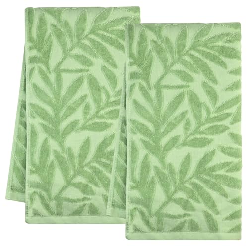 Image of Yibang Green Hand Towels Set of 2 - Cotton Hand Guest Towels for Bathroom Leaves Pattern 100% Cotton Absorbent Soft Towel Full Embossed Decorative Hand Towels for Bathroom Towels Home Hotel 38×68 cm