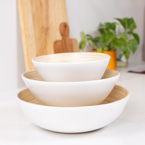 LEXA Bamboo 3-Piece Bowl Set – 12, 10 & 8 Inch Natural Bamboo Bowls, Handmade Serving & Salad Bowls, Versatile for Meals, Snacks & Décor, White by LEXA - Image 2