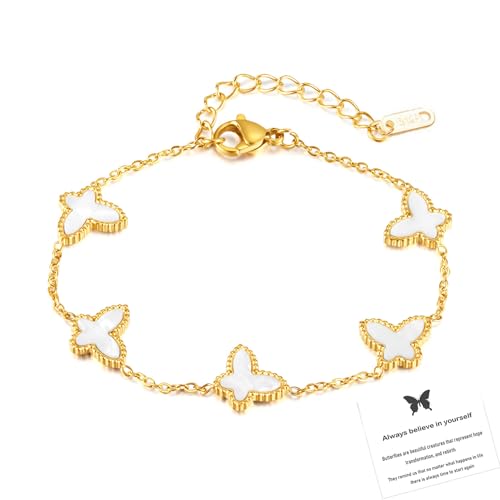 Lucky Butterfly Bracelet Designer Dupes, 18k Gold Plated Minimalism Double-Sided Mother Of Pearl Shell Dainty Adjustable Chain Bracelet For Women Fashion Jewelry Gift
