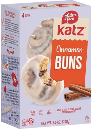 Katz Gluten Free Cinnamon Buns, Real Cinnamon Glaze, Individually Wrapped, Soft & Gooey, Free of Dairy, Nut, Soy, Certified Kosher, 8.5 oz (1pk)