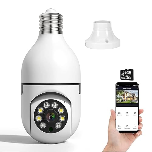 Safecam 360 Security Camera Wireless Outdoor Light Bulb Panorama Camera,5GHz WiFi Light Bulb Smart Security Cameras for Build Safe Home Easy Install,Night Vision,Move Detection,Two-Way Call (White+SD)