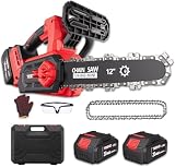 Tronçonneuse à Batterie 12 Pouces, Tronçonneuse Électrique sans Fil avec Moteur Brushless 1200W, 2 Batteries 4.0Ah & Chargeur, Graissage Automatique, Tension de Chaîne sans Outil, Élagage & Coupe