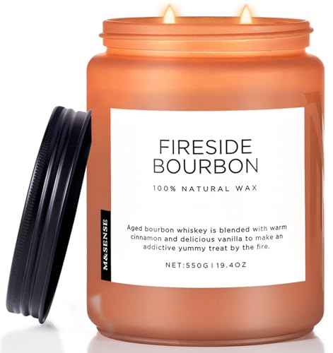 M&SENSE Candele Bourbon accanto al fuoco fortemente profumate. Candela a 2 stoppini in barattolo da 550 g. Durata 110 ore. Candela di soia naturale organica per camera, cucina e decorazione domestica