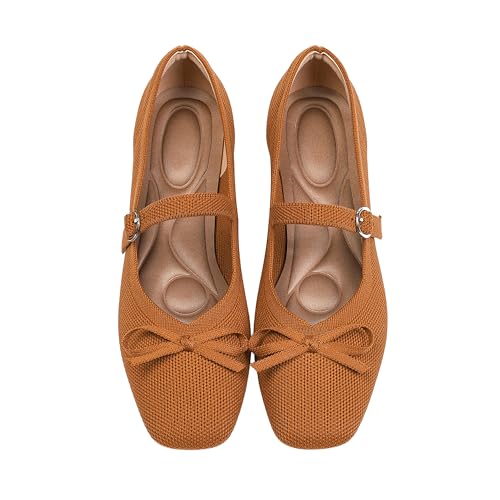 itbieong Knit Flats for Women Square Toe Flats Casual Ballet Flats with Ankle Strap,Washable Comfortable Dressy Mary Jane Flat Brown-12 by itbieong