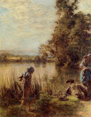 Peinture à l'huile Lhermitte Fisherman and His Family 1912 reproduction tableau 30x36