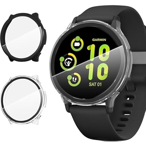 Suoman 2 Pack Screen Protector Case for Garmin vivoactive 5, All-Around Protective Hard PC Bumper Cover Tempered Glass Screen Protector for Garmin vivoactive 5 (Black+Clear) Cover