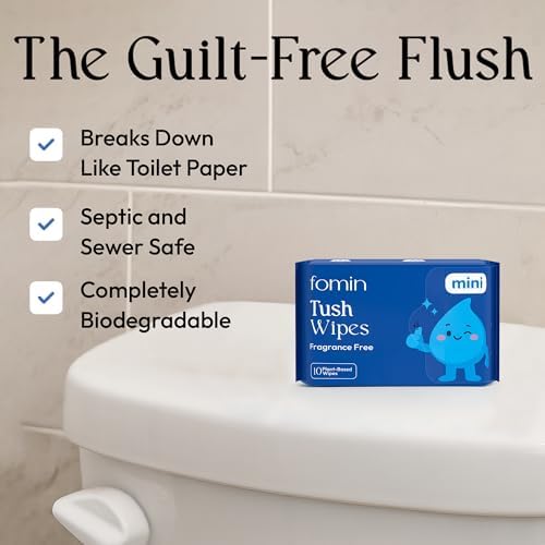 Fomin 변기에 버릴 수 있는 Tush Wipes 8팩 (8개) - 무향 변기에 버릴 수 있는 성인용 여행용 물티슈 - pH 균형, 생분해성 여행용 물티슈 - 저자극성, 식물 기반 여행용 사이즈 변기에 버릴 수 있는 물티슈 — 사진 4