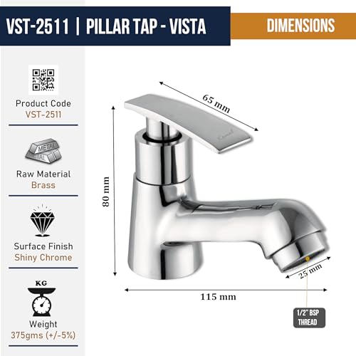 Image of Kamal Full Brass Pillar Cock Tap - Vista | Chrome Finish | Deck Mount Installation Type | for Bathroom Washbasins & Kitchen Sink - Silver (Pack of 1)