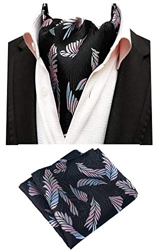 MOHSLEE Men's Black Floral Flowers Silk Cravat Tie Woven Ascot Pocket Square Set