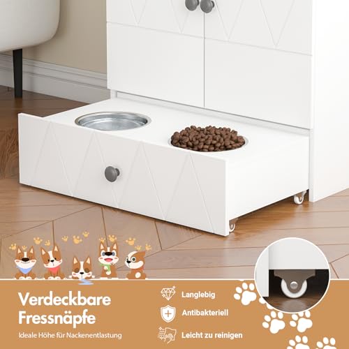 Haustier-Futterschrank mit Lagerschrank, Futterschrank Hund mit 2 Edelstahlnäpfen & 3 Haken, Hundefutterstation mit Schubladen & Verstellbarer Ablage, Hundebar für Hunde, 61x35,5x82,5cm (Weiß)