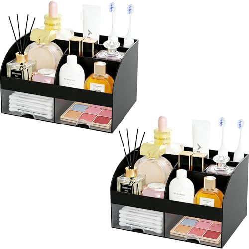 DIRZHX Makeup Organizer with 2 Drawers, Cosmetic Storage for Dresser Vanity and Bathroom Countertop,Make up organization and Skincare Storage with Beauty Brush Holder, Cosmetic Display Case (White)
