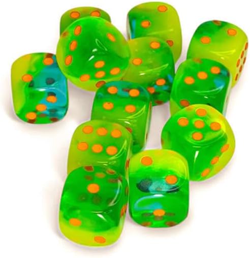 Plasma Green and Teal Gemini Luminary Dice with Orange Pips D6 16mm (5/8in) Pack of 12 Chessex