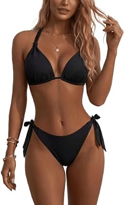 Halter Triangle Bikini Set - Black Low Rise Two-Piece Swimsuit
